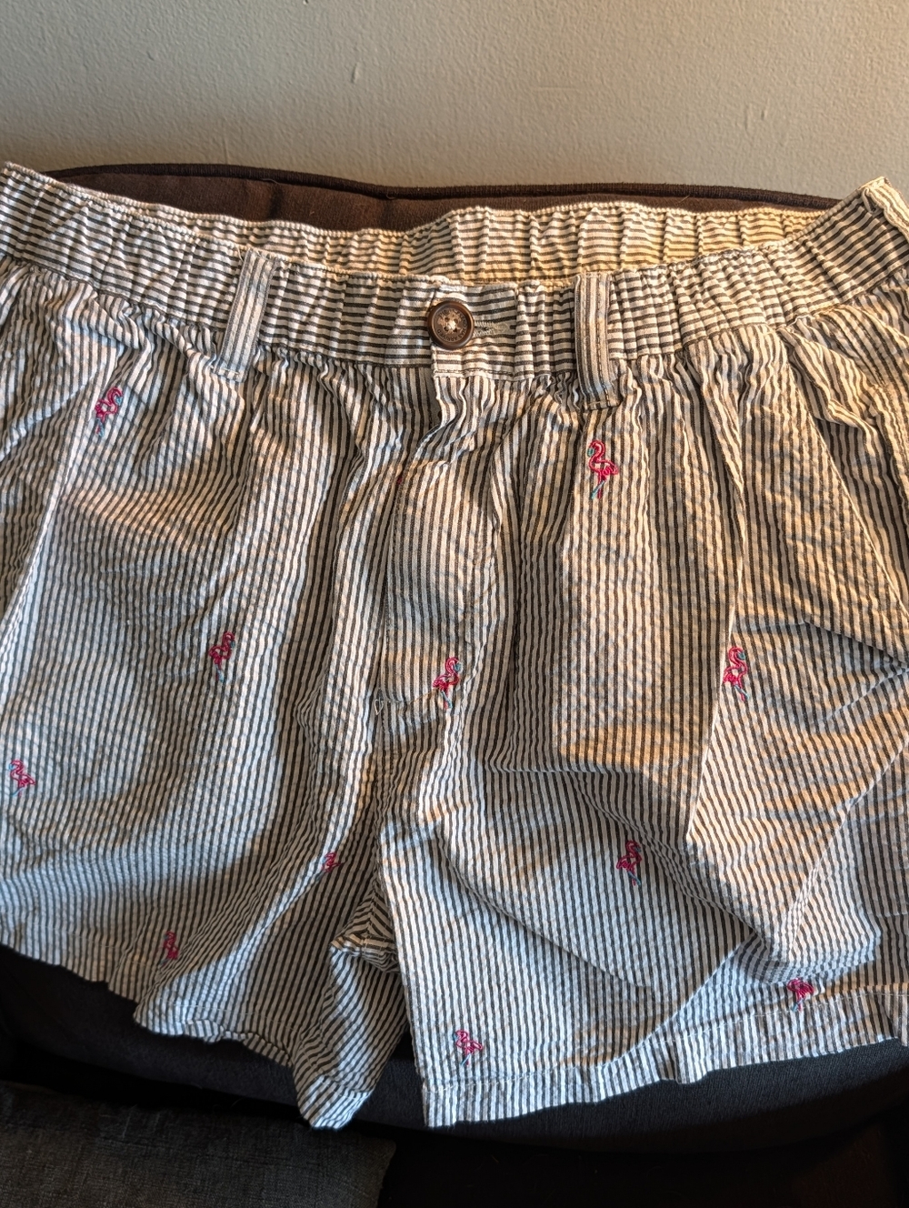 Men's Seersucker Stripe Shorts with Pink Embroidered 🦩